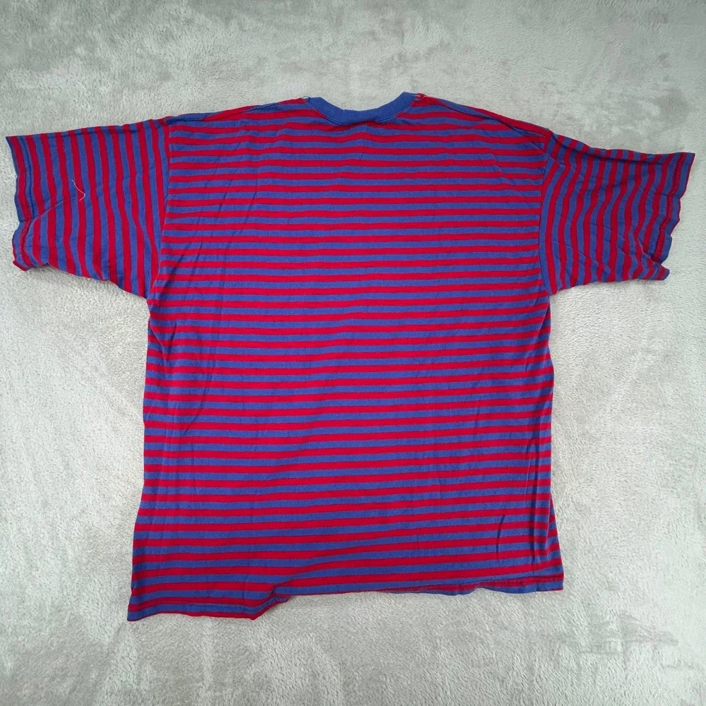 VTG Adidas Mens T Shirt Large Red Blue Striped Preowned Made In USA Short Sleeve